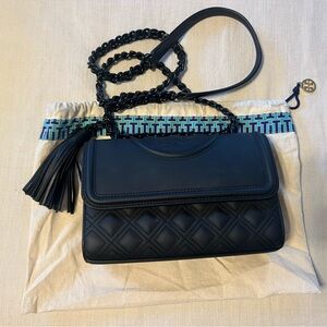 Matte Black Tory Burch Fleming Crossbody Purse.